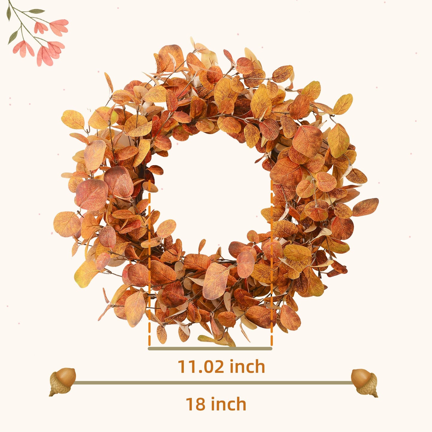 YNYLCHMX 18" Fall Wreaths for Front Door, Artificial Autumn Wreath, Fall Door Wreath with Golden Eucalyptus Leaves for Home Porch Window Wall Farmhouse Decor, Indoor Outdoor, Holiday Decor