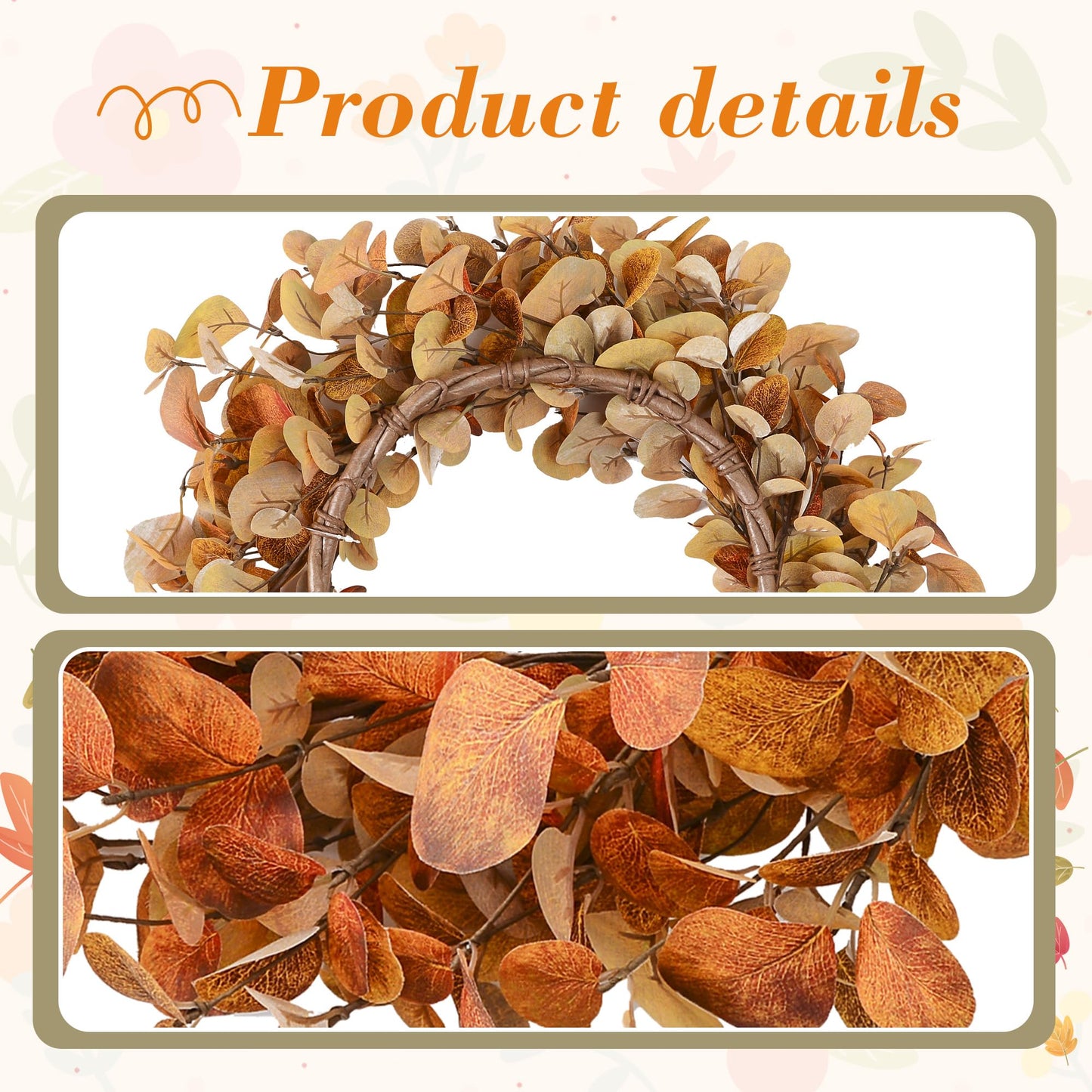 YNYLCHMX 18" Fall Wreaths for Front Door, Artificial Autumn Wreath, Fall Door Wreath with Golden Eucalyptus Leaves for Home Porch Window Wall Farmhouse Decor, Indoor Outdoor, Holiday Decor