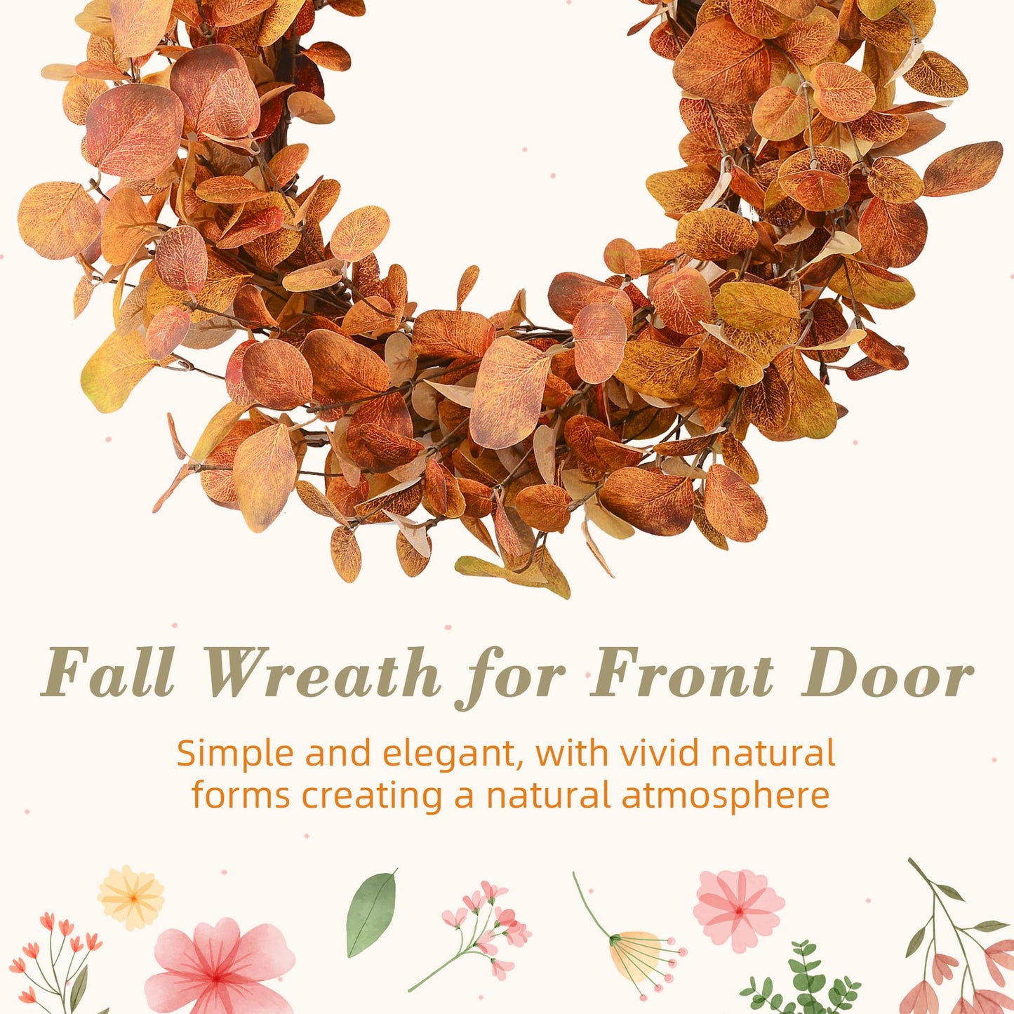 YNYLCHMX 18" Fall Wreaths for Front Door, Artificial Autumn Wreath, Fall Door Wreath with Golden Eucalyptus Leaves for Home Porch Window Wall Farmhouse Decor, Indoor Outdoor, Holiday Decor