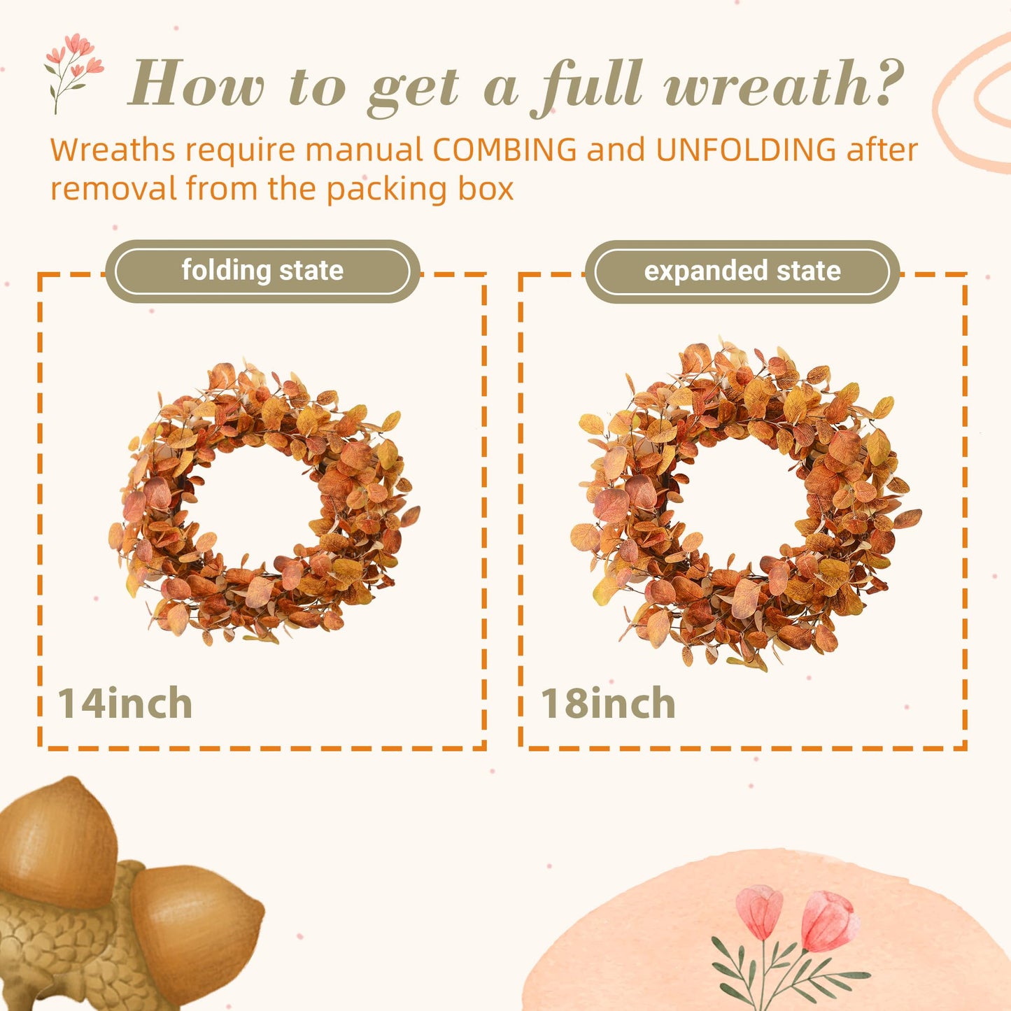 YNYLCHMX 18" Fall Wreaths for Front Door, Artificial Autumn Wreath, Fall Door Wreath with Golden Eucalyptus Leaves for Home Porch Window Wall Farmhouse Decor, Indoor Outdoor, Holiday Decor