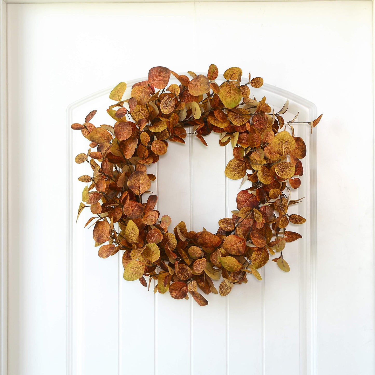 YNYLCHMX 18" Fall Wreaths for Front Door, Artificial Autumn Wreath, Fall Door Wreath with Golden Eucalyptus Leaves for Home Porch Window Wall Farmhouse Decor, Indoor Outdoor, Holiday Decor