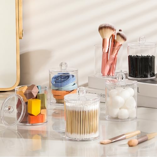 4 Pack Acrylic Qtip Holder Dispenser for Cotton Swabs, Balls, Pads, Floss Picks- Small Clear Plastic Canister Apothecary Jar Set, Bathroom Essentials Accessories Decor, Vanity Makeup Storage Organizer