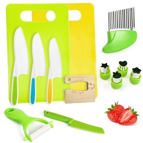 Chanking 13 Pcs Montessori Kitchen Tools for Toddlers Kids Cooking Sets Safe Knife Set for Real Cooking Include Toddler Knives Cutting Boards Sandwich Cutters Peeler for Birthday