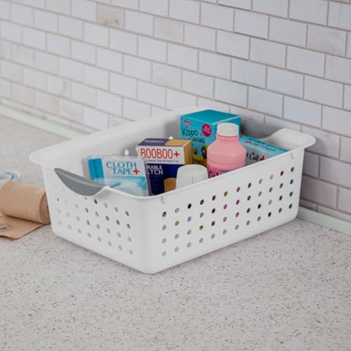 Sterilite Medium Ultra Basket, Storage Bin to Organize Closets, Cabinets, Pantry, Shelving and Countertop Space, White, 6-Pack