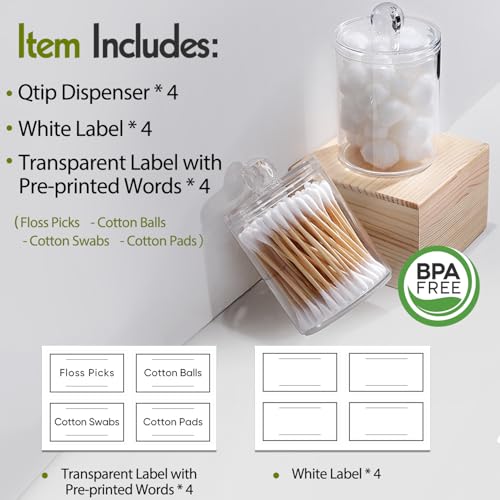 4 Pack Acrylic Qtip Holder Dispenser for Cotton Swabs, Balls, Pads, Floss Picks- Small Clear Plastic Canister Apothecary Jar Set, Bathroom Essentials Accessories Decor, Vanity Makeup Storage Organizer