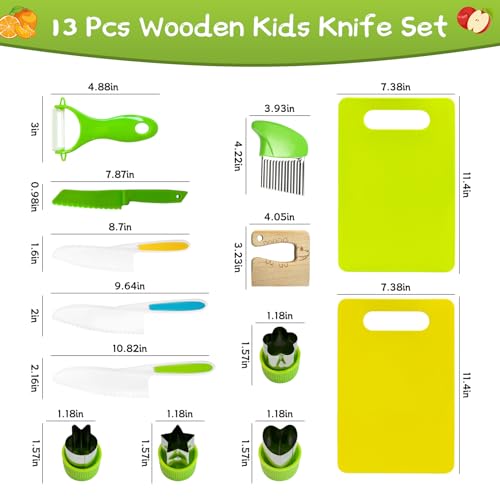 Chanking 13 Pcs Montessori Kitchen Tools for Toddlers Kids Cooking Sets Safe Knife Set for Real Cooking Include Toddler Knives Cutting Boards Sandwich Cutters Peeler for Birthday