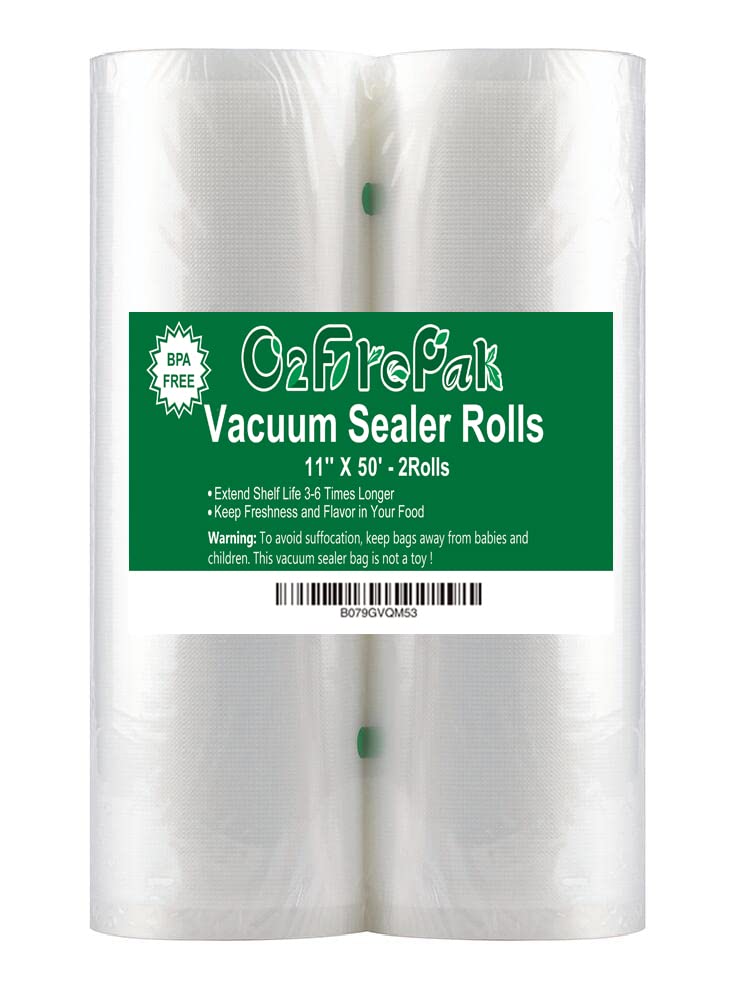 O2frepak 2Pack (Total 100Feet) 11x50 Rolls Vacuum Sealer Bags Rolls with BPA Free,Heavy Duty Vacuum Food Sealer Storage Bags Rolls,Cut to Size Roll,Great for Sous Vide