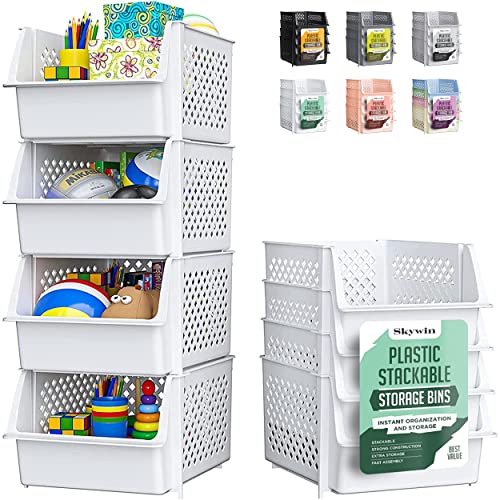 TidyFriend Stackable Storage Bins for Pantry - 4-Pack Stackable Bins For Organizing Food, Kitchen, and Bathroom Essentials (White)