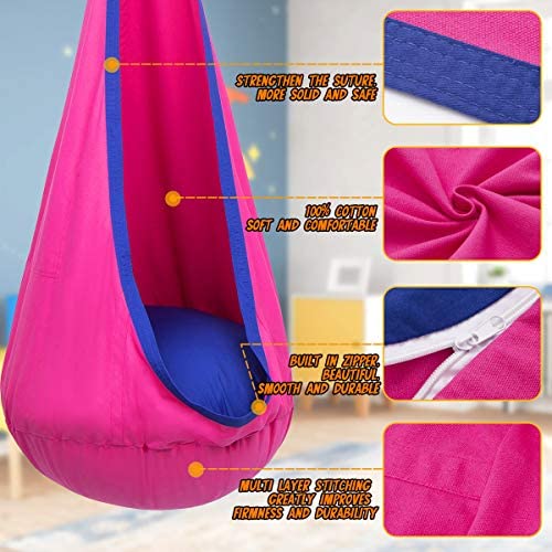 Y- STOP Kids Pod Swing Seat, Hanging Hammock Chair with Inflatable Pillow, Sensory Swing Chair for Outdoor and Indoor, Max 176 Lbs, Pink and Blue