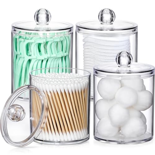 4 Pack Acrylic Qtip Holder Dispenser for Cotton Swabs, Balls, Pads, Floss Picks- Small Clear Plastic Canister Apothecary Jar Set, Bathroom Essentials Accessories Decor, Vanity Makeup Storage Organizer