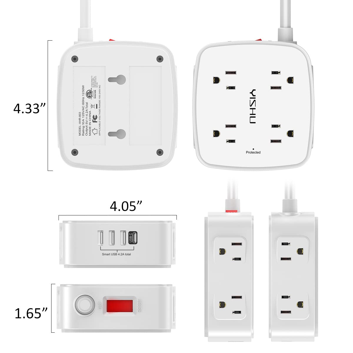 6 Ft Surge Protector Power Strip - 8 Widely Outlets with 4 USB Ports, 3 Side Outlet Extender with 6 Feet Extension Cord, Flat Plug, Wall Mount, Desk USB Charging Station, ETL,White