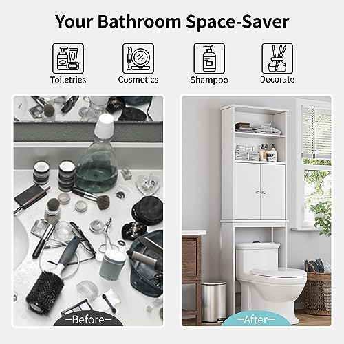 Shintenchi Over The Toilet Storage Cabinet, Bathroom Above The Toilet Rack, Bathroom Adjustable Shelf Organizer with Open Bottom Bar and Anti-Tip Device, White