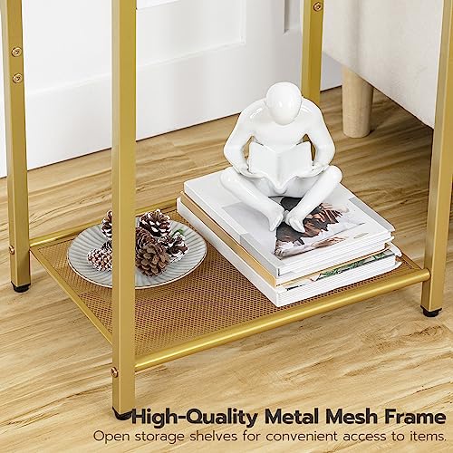 HOOBRO End Table Set of 2 with Charging Station, 3-Tier Side Table, Nightstand with USB Ports & Outlet, Sofa Table with Storage Shelves, Tempered Glass, for Living Room, Bedroom, Gold GD57UBZP201