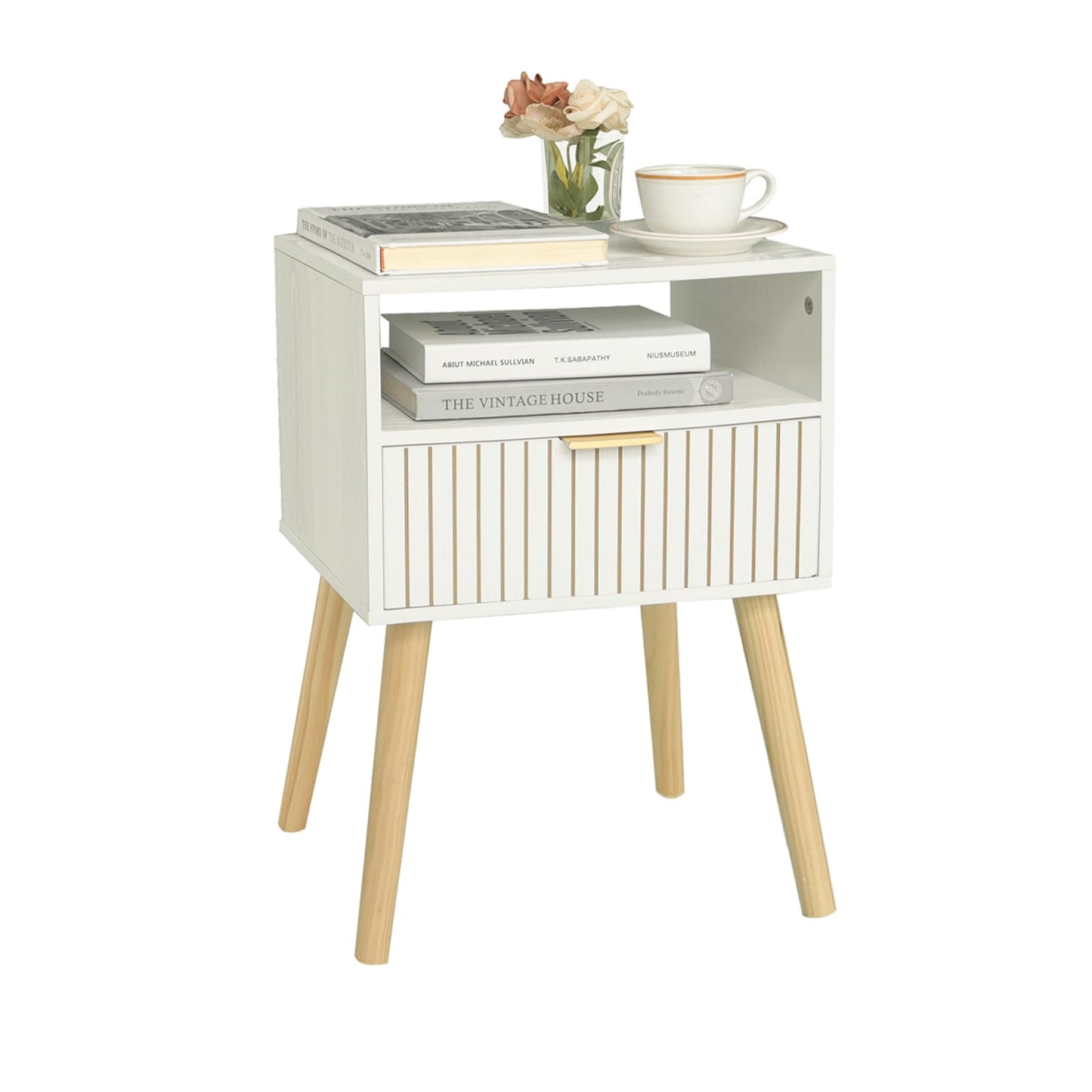 MaxSmeo White Nightstand, Mid Century Modern Nightstand, Small Bedside Table End Table for Bedroom with 2-Tier Storage, White