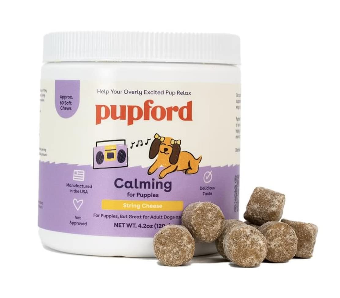 Pupford Calming Supplement for Puppies and Adult Dogs, Made in The USA, Vet Approved, No Artificial Flavors, String Cheese, Net Wt. 4.2 oz (120g)