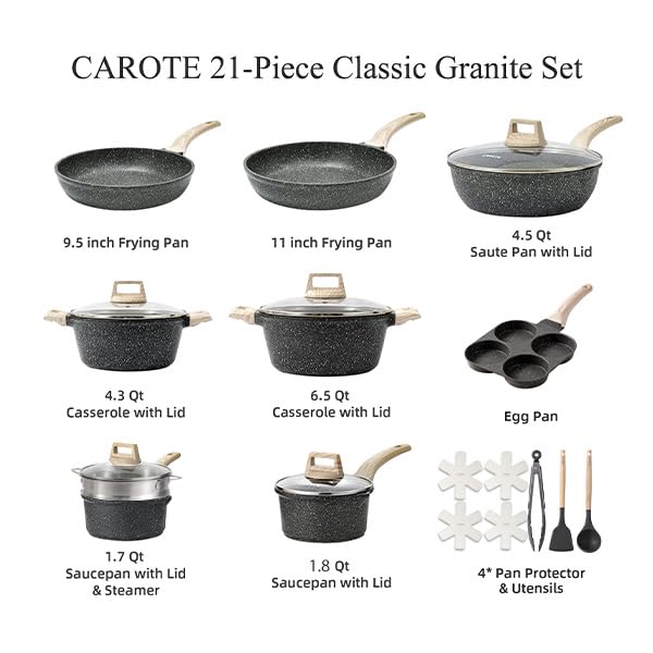 CAROTE 21pcs Pots and Pans Set Nonstick, Cookware Set Black Granite Induction Kitchen Cooking Set w/Frying Pans & Saucepans(PFOS, PFOA Free)