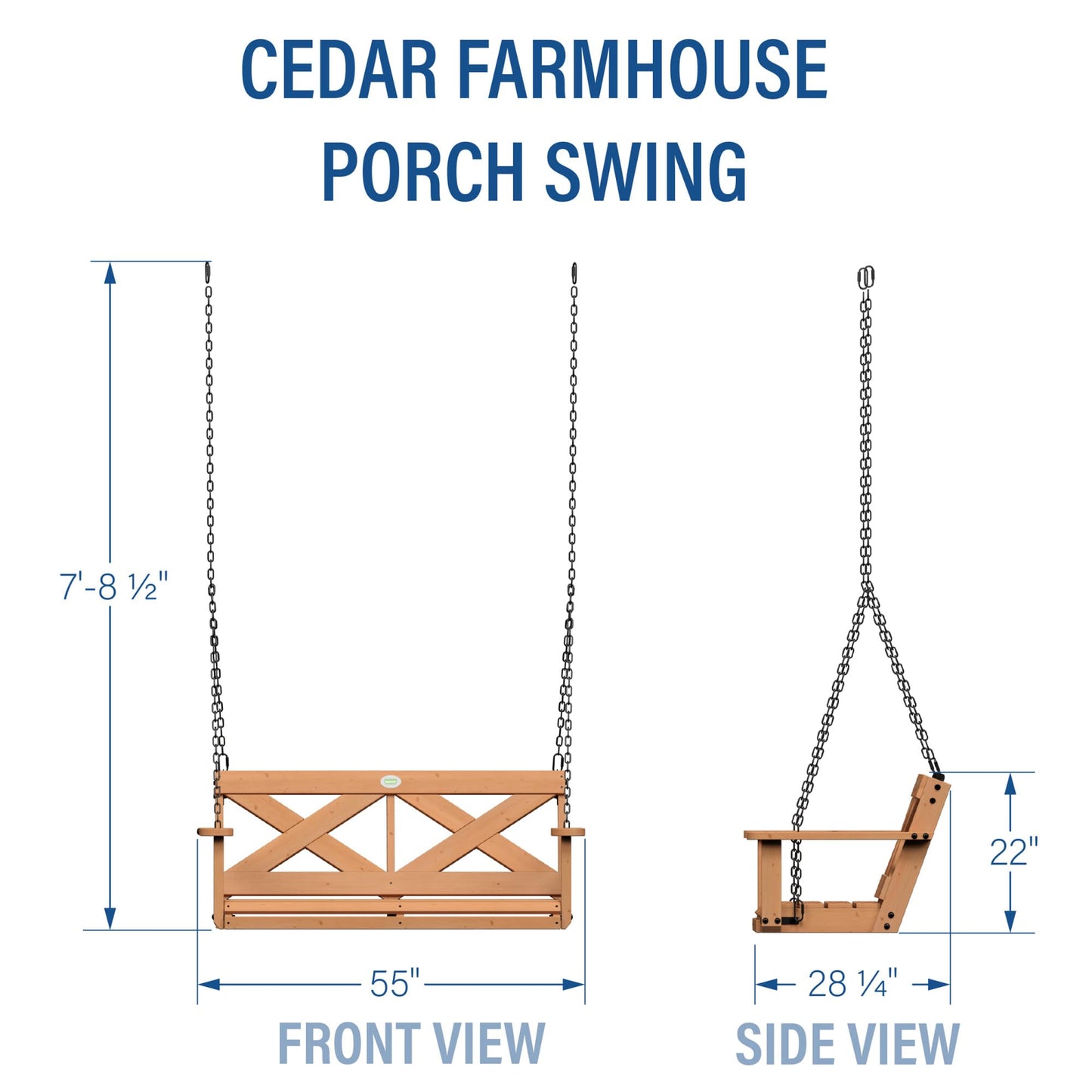 Backyard Discovery Durable Cedar Farmhouse Outdoor Porch Swing with Chain, Water Resistant, Porch, Patio, Two Person Seating, 600 Lb Weight Capacity, with 4.6 ft. Seat Width