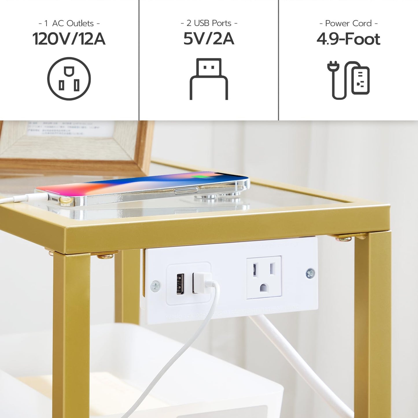 HOOBRO End Table Set of 2 with Charging Station, 3-Tier Side Table, Nightstand with USB Ports & Outlet, Sofa Table with Storage Shelves, Tempered Glass, for Living Room, Bedroom, Gold GD57UBZP201