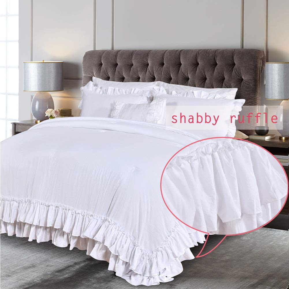 Masaca White Ruffled Shabby Comforter Set King,Boho Chic Farmhouse Bedding Down Comforter Fluffy Cozy,Ultra Soft Washed Microfiber Inner Fill Bedding All Season 3 Piece Set with Ruffle Pillow Shams