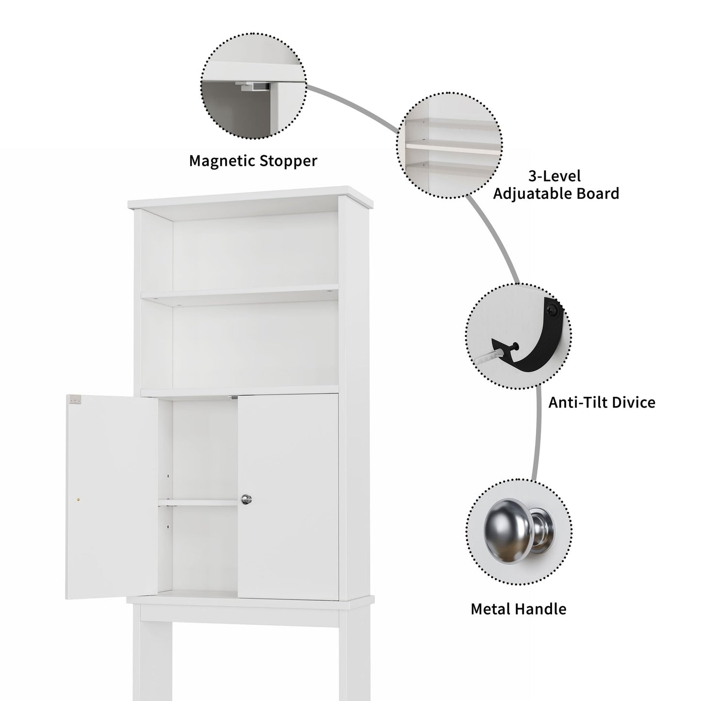 Shintenchi Over The Toilet Storage Cabinet, Bathroom Above The Toilet Rack, Bathroom Adjustable Shelf Organizer with Open Bottom Bar and Anti-Tip Device, White