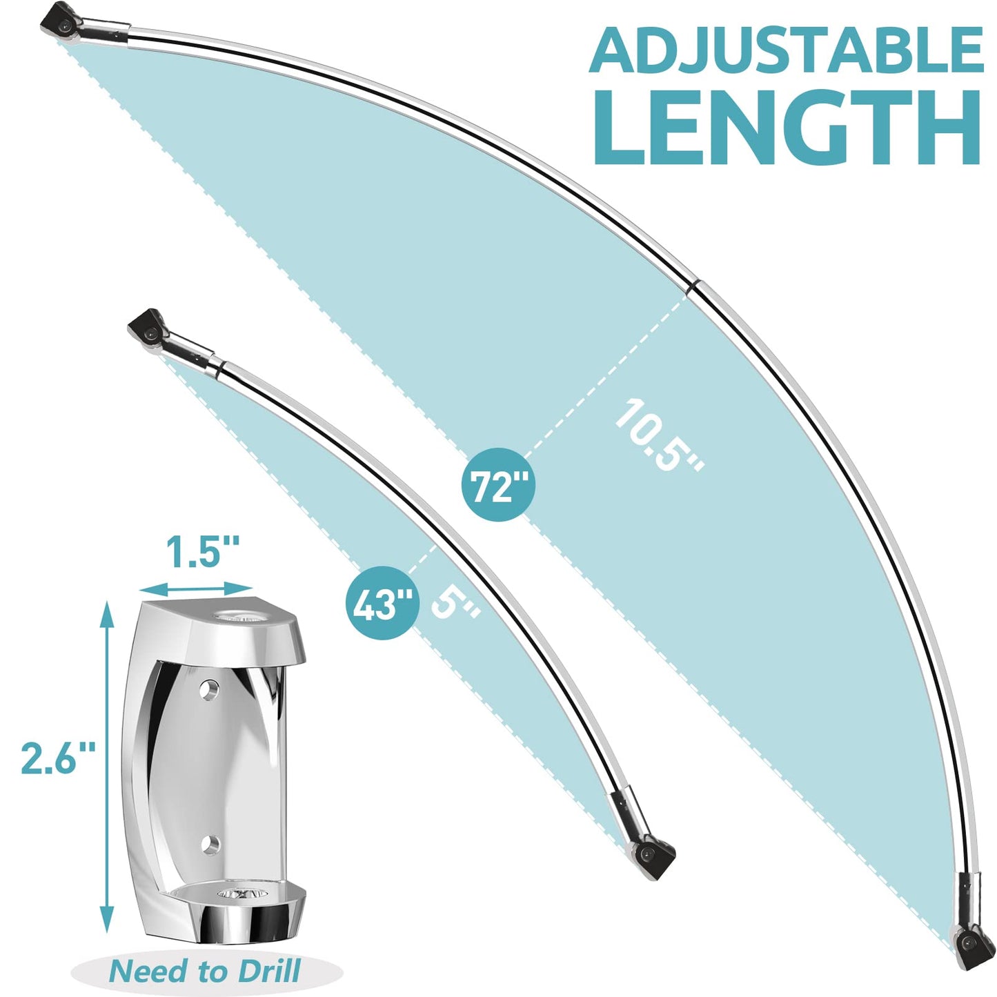 Bonpally Curved Shower Curtain Rod 43-72 Inches Adjustable, Aluminum Shower Rod Rustproof, Round shower curtain rod, Curved Shower Rods for Bathroom, Bathtub, Stall, Chrome