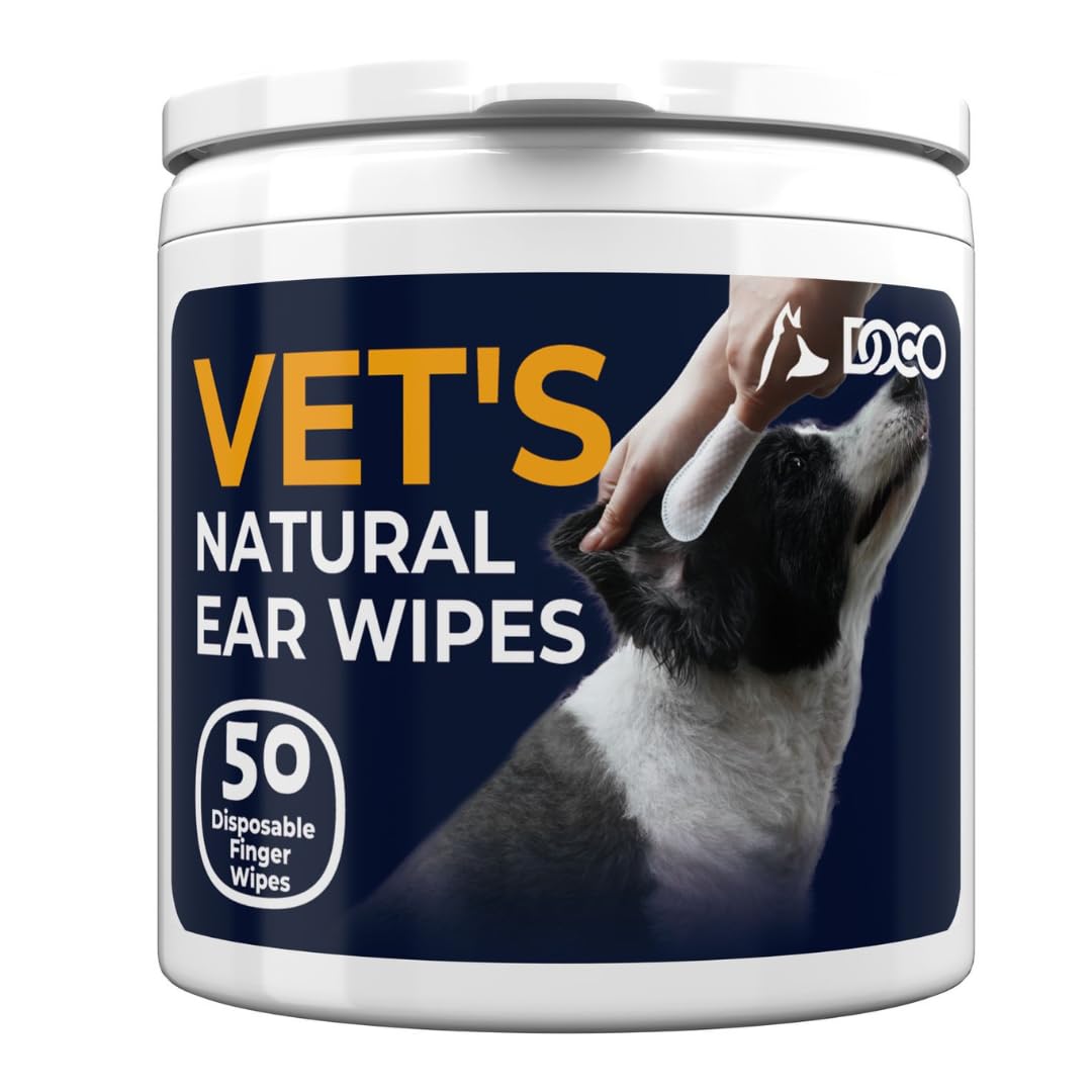 DOCO Dog Ear Wipes - All Natural Finger Veterinary Pet Ear Wipes with Eucalyptus, Aloe - 50 Count