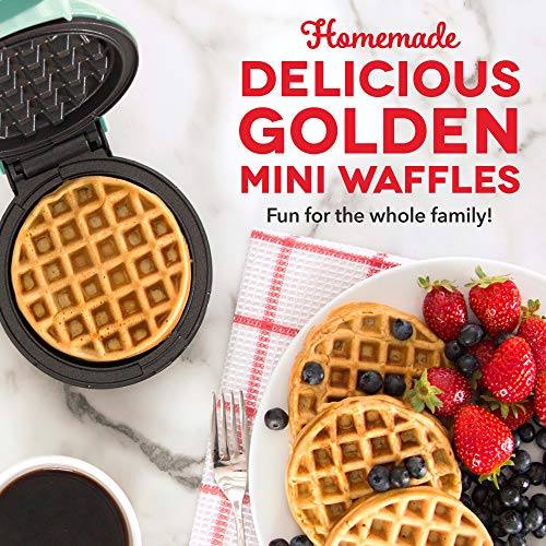 DASH Mini Waffle Maker - 4” Waffle Mold, Nonstick Waffle Iron with Quick Heat-Up, PTFE Nonstick Surface - Perfect Mini Waffle Maker for Kids and Families, Just Add Batter (Aqua)