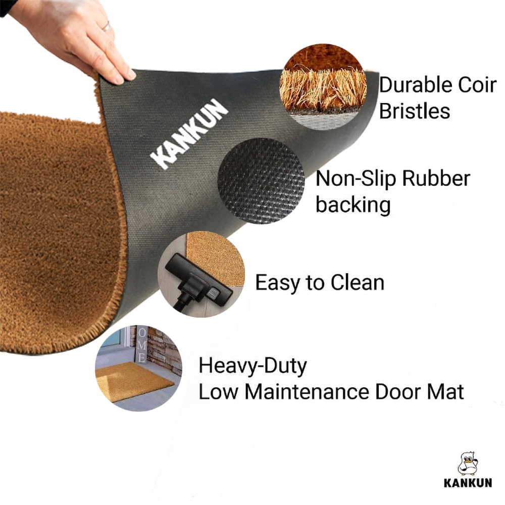 KANKUN Coco Coir Door Mat with Heavy Duty Backing, Welcome Doormat (17" x 30"), Doormat Entrance (Cursive Welcome)