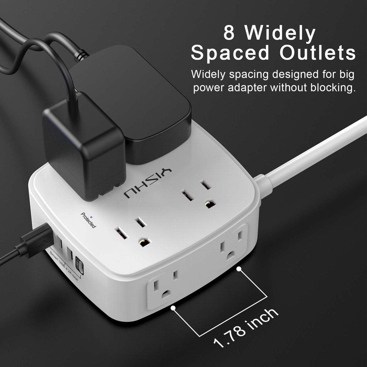 6 Ft Surge Protector Power Strip - 8 Widely Outlets with 4 USB Ports, 3 Side Outlet Extender with 6 Feet Extension Cord, Flat Plug, Wall Mount, Desk USB Charging Station, ETL,White