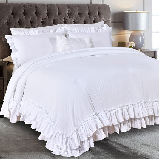 Masaca White Ruffled Shabby Comforter Set King,Boho Chic Farmhouse Bedding Down Comforter Fluffy Cozy,Ultra Soft Washed Microfiber Inner Fill Bedding All Season 3 Piece Set with Ruffle Pillow Shams