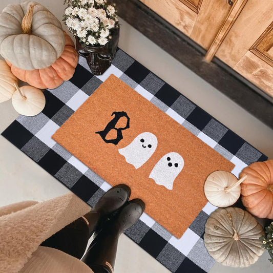 Halloween Door Mat Combo Set, Boo Ghost Coco Coir Welcome Doormat + 28" x 43" Black and White Plaid Rug, Autumn Halloween Front Porch Entryway Decor Floor Mat