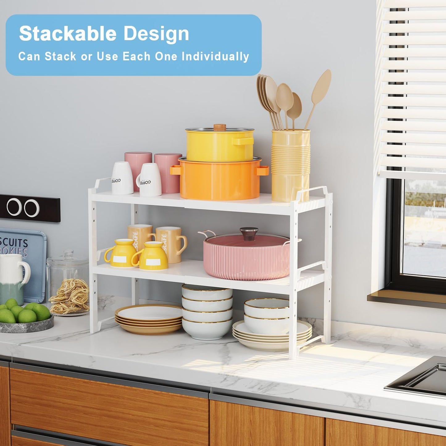 2 Pack Kitchen Cabinet Organizer Shelf, Stackable Expandable Shelves Organizers For Kitchen Cabinet Countertop Storage, Adjustable Counter Cupboard Pantry Organizer Shelf Rack Stand, Length:20.5