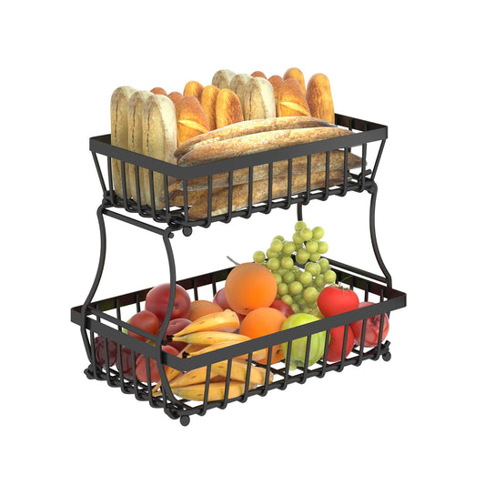 Apsan 2 Tier Fruit Basket, Countertop Fruit Vegetable Basket Bowl for Kitchen Counter, Detachable Metal Wire Storage Basket Fruits Stand Holder Organizer for Bread Snack Veggies Produce,Black