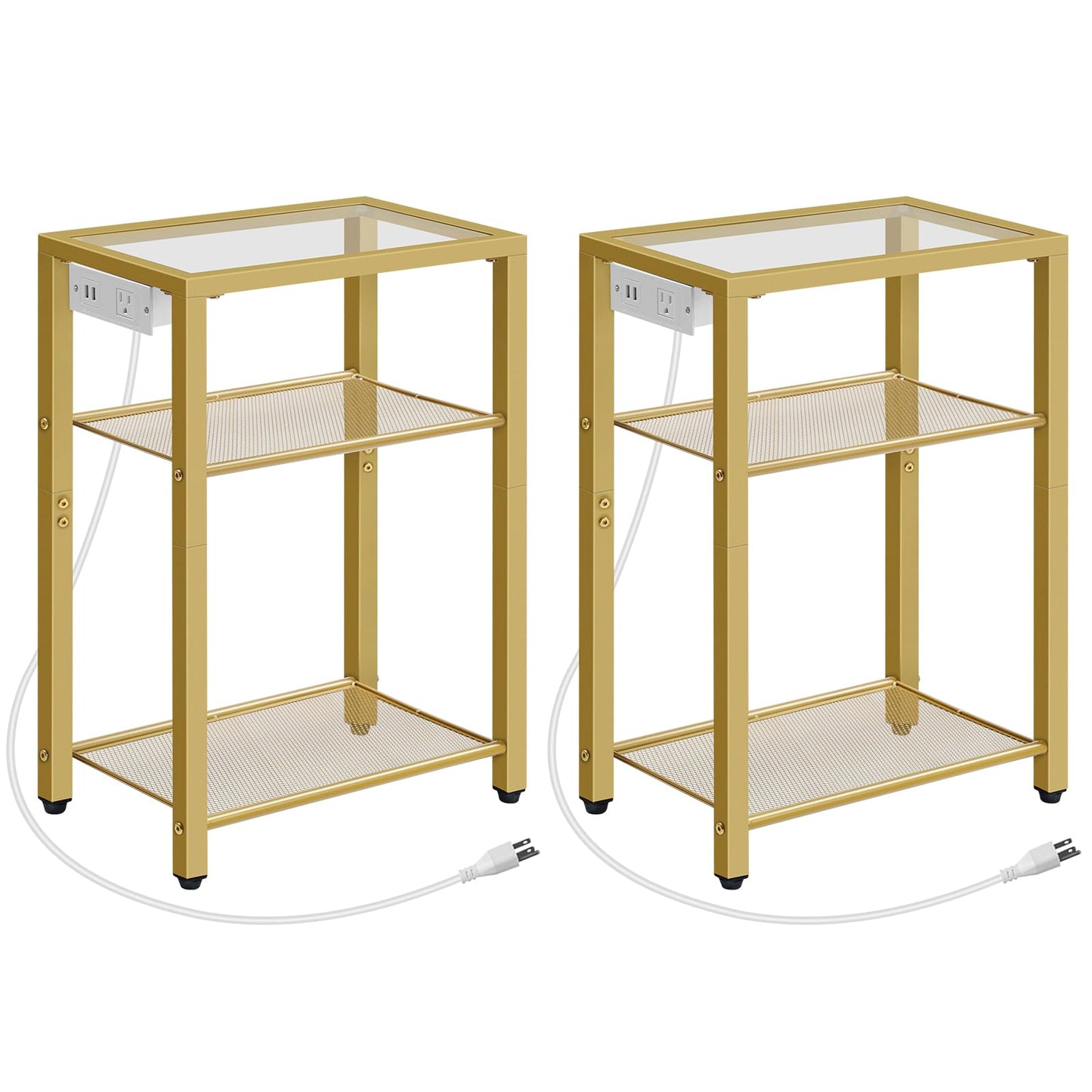 HOOBRO End Table Set of 2 with Charging Station, 3-Tier Side Table, Nightstand with USB Ports & Outlet, Sofa Table with Storage Shelves, Tempered Glass, for Living Room, Bedroom, Gold GD57UBZP201