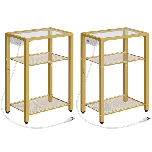 HOOBRO End Table Set of 2 with Charging Station, 3-Tier Side Table, Nightstand with USB Ports & Outlet, Sofa Table with Storage Shelves, Tempered Glass, for Living Room, Bedroom, Gold GD57UBZP201