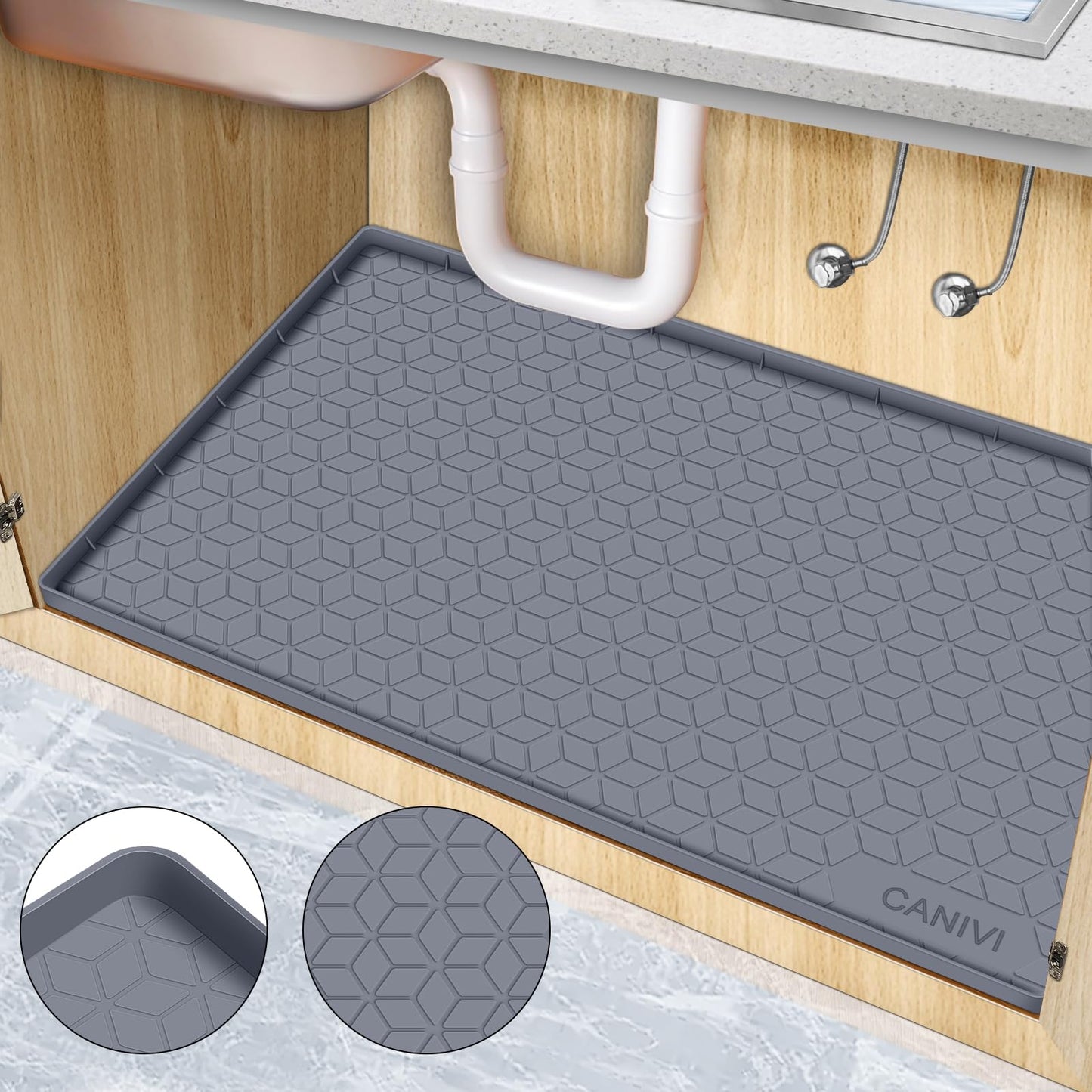 CANIVI Under Sink Mat, 34" x 22" Waterproof Silicone Under Sink Tray for Kitchen & Laundry Cabinets, Kitchen Cabinet Shelf Protector, Up to 3.3 Gallons Liquid, Fits 36 inch Standard Cabinet(Grey)