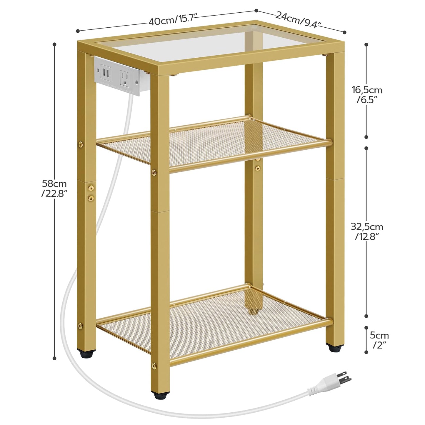 HOOBRO End Table Set of 2 with Charging Station, 3-Tier Side Table, Nightstand with USB Ports & Outlet, Sofa Table with Storage Shelves, Tempered Glass, for Living Room, Bedroom, Gold GD57UBZP201