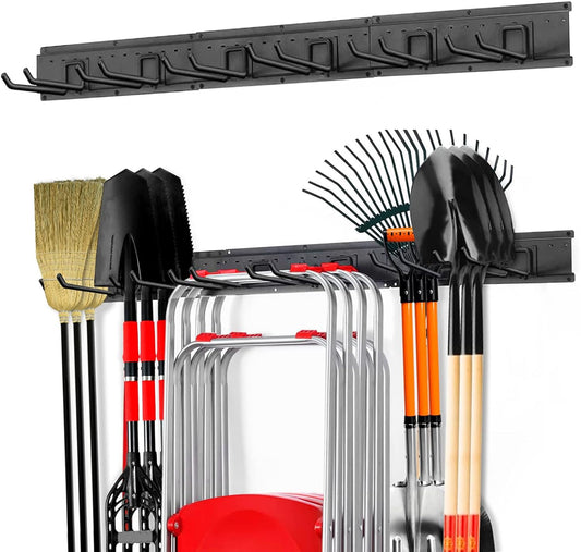 Garage Tool Storage Rack, Heavy Duty Wall Mounted Tools Organizer, Steel Garden Tool Storage System, Shovel Holder Organization Hanger with 6 Double-Hooks, 49.5inch Tracks Max Load 300lbs