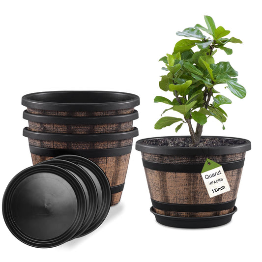 Quarut Plant Pots Set of 4 Pack 12 inch,Large Whiskey Barrel Planters with Drainage Holes & Saucer.Plastic Flower Pots Imitation Wine Barrel Design, for Indoor & Outdoor Garden Home Plants (Brown)