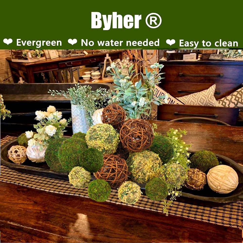 BYHER Decorative Balls for Centerpiece Bowls, 18pcs Fake Moss Balls + Wicker Rattan Balls Set Vase Bowl Filler for Home Garden Wedding Party Decor (Fresh Green + Rustic Brown)