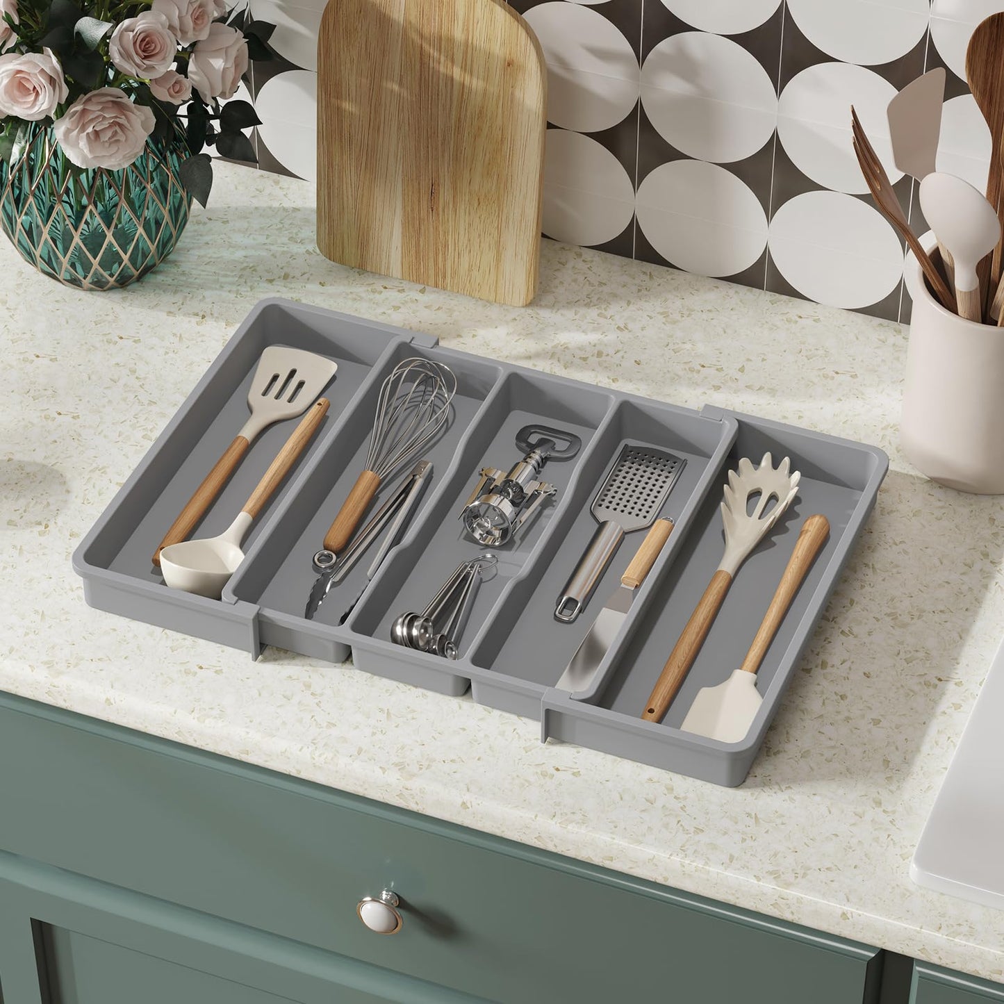 Lifewit Utensil Organizer for Kitchen Drawers, Expandable Cooking Utensil Tray, Adjustable Cutlery Silverware Flatware Holder, Plastic Kitchen Spatula Tools and Gadgets Storage Divider, Large, Gray