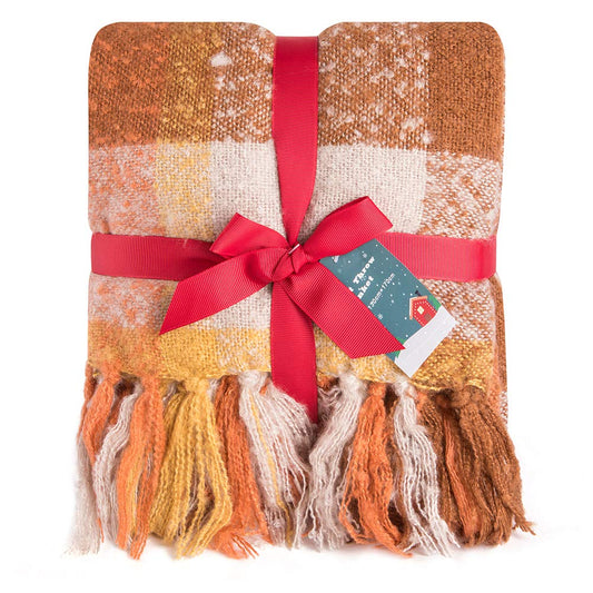 G Lake Orange Plaid Blanket Throw Acrylic Soft Reversible Dyed Fringed Bed Blanket for Christmas Decorations 50" W x 67" L-Orange