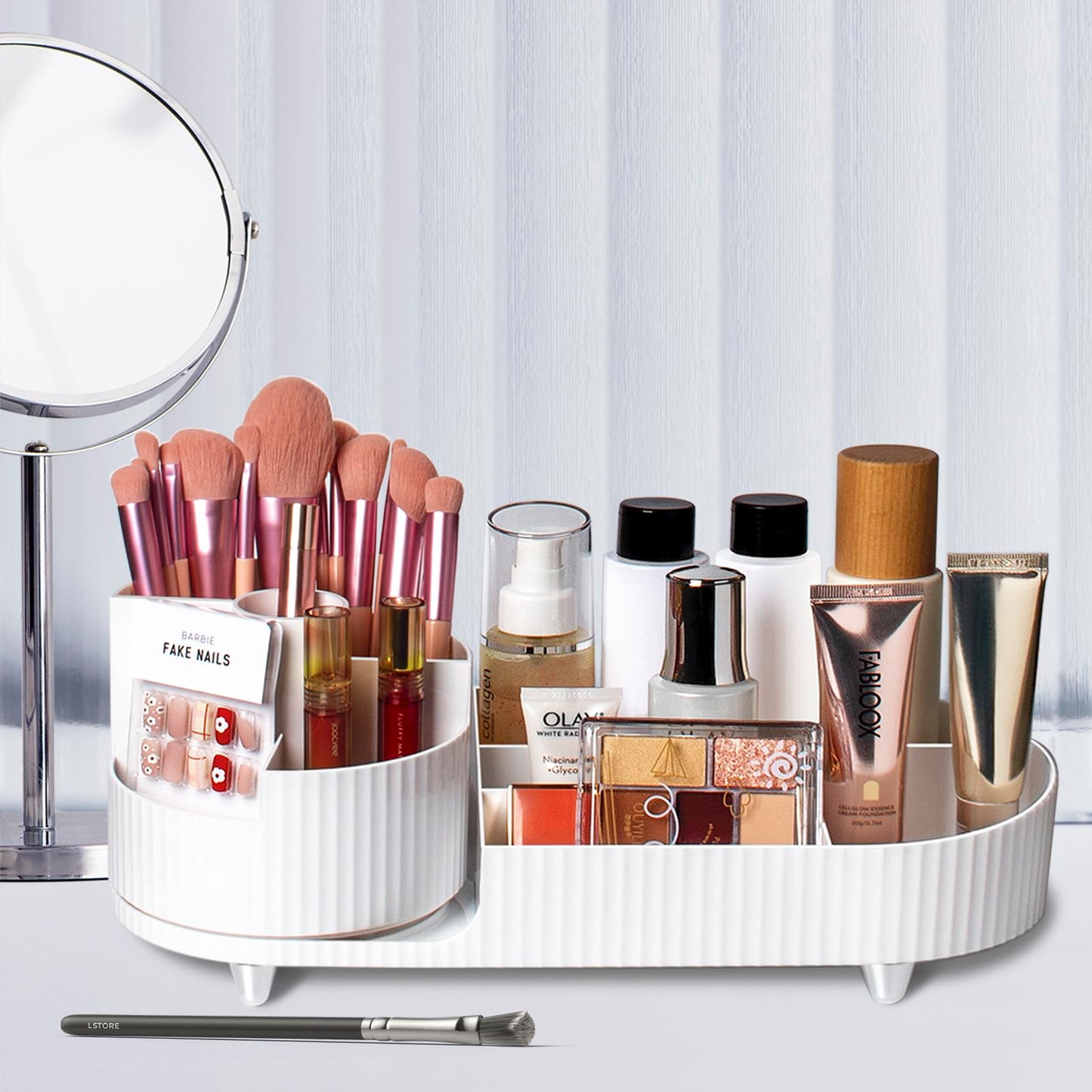 Rotating makeup organizer,Large Capacity Cosmetic Display Case, easy to hold all of your makeup products, at least 20 makeup brushes/eyeliner,10 lipsticks,8 skincare products(White)