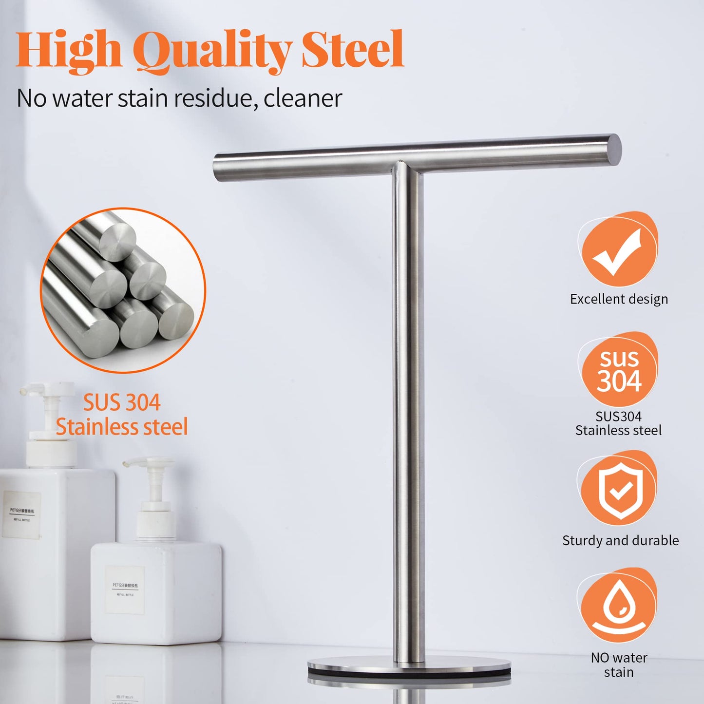 T-Shape Hand Towel Holder Stand, SUS304 Stainless Steel for Bathroom, Kitchen or Vanity Countertop