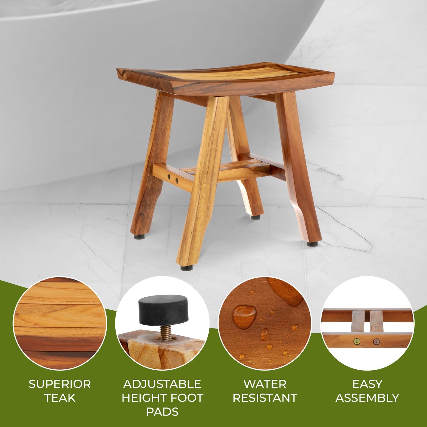 EcoDecors, Satori, 14", Teak Shower Stool, Teak Shower Shaving Foot Rest, Teak Shower Shaving Stool, Small Bathroom Stool, 14 Inch, 15 Inch Height, Natural Teak