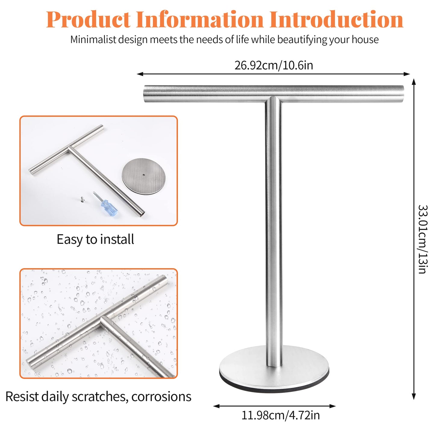 T-Shape Hand Towel Holder Stand, SUS304 Stainless Steel for Bathroom, Kitchen or Vanity Countertop