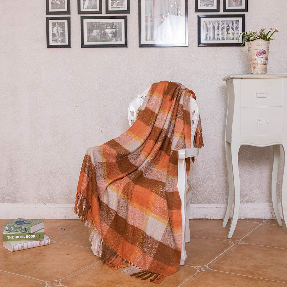 G Lake Orange Plaid Blanket Throw Acrylic Soft Reversible Dyed Fringed Bed Blanket for Christmas Decorations 50" W x 67" L-Orange