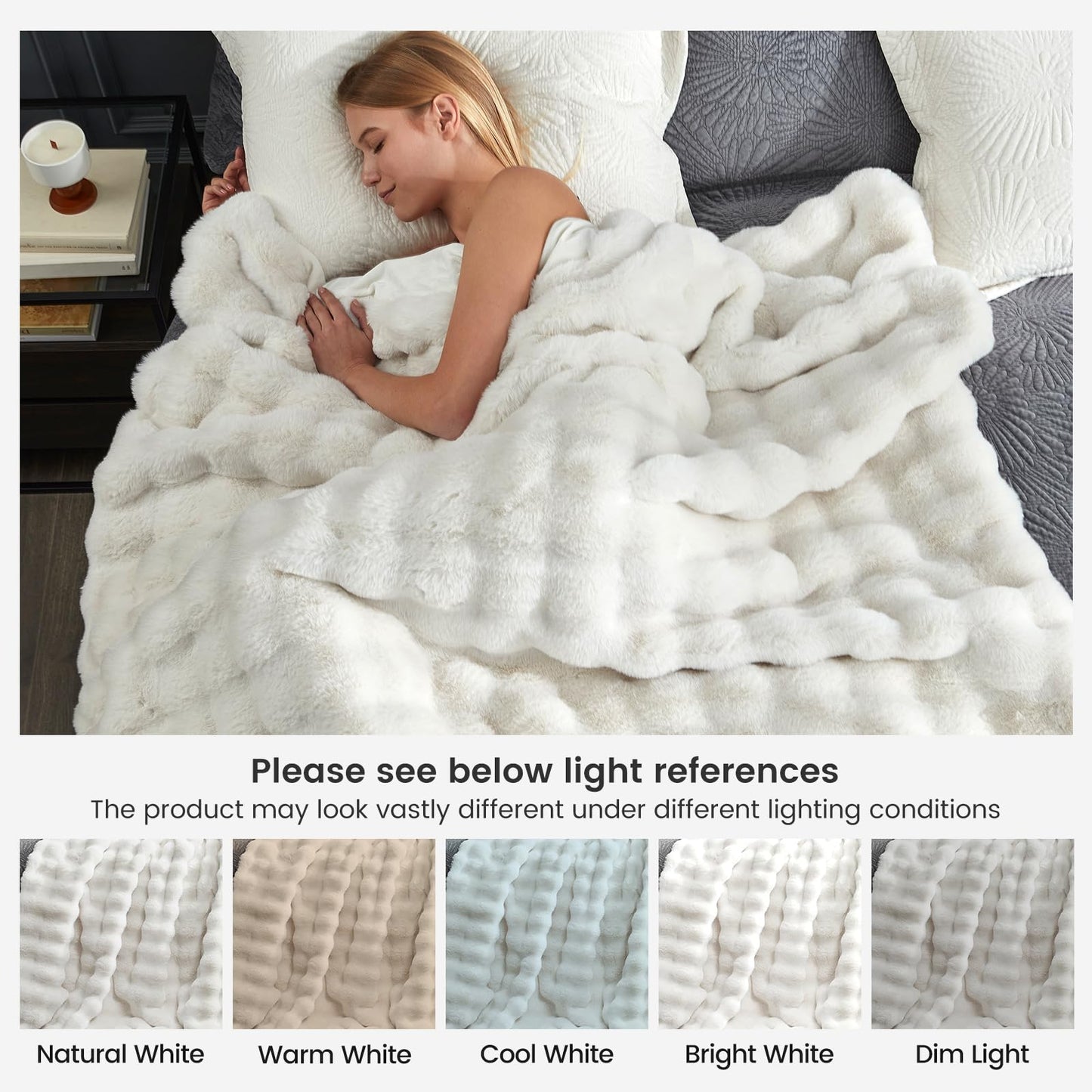 Cozy Bliss Faux Fur Throw Blanket for Couch, Fuzzy Soft Plush Thick Bubble Blanket for Sofa Bedroom Living Room, 50 * 60 Inches Cream White