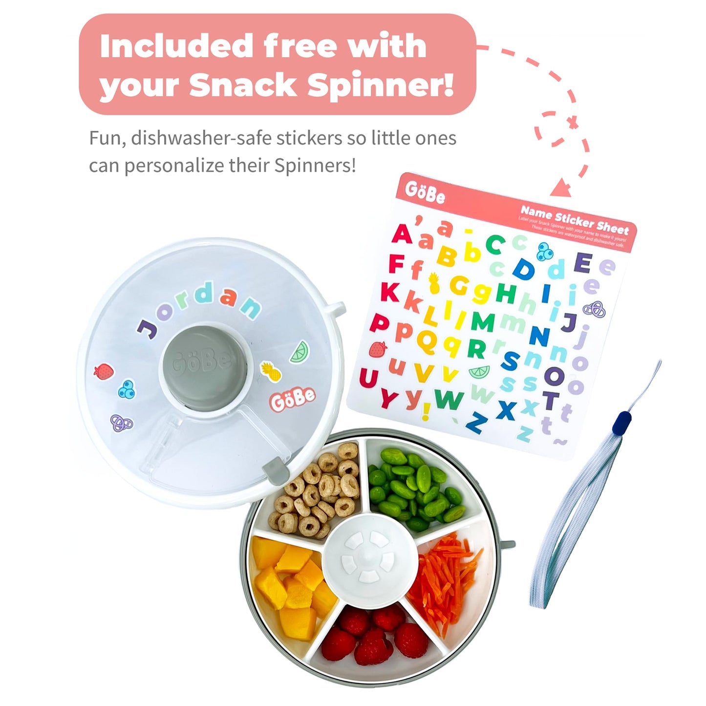 GoBe Kids Snack Spinner Bundle with Hand Strap and Sticker Sheet - Reusable Snack Container with 5 Compartment Dispenser and Lid | BPA and PVC Free | Dishwasher Safe | No Spill, Leakproof