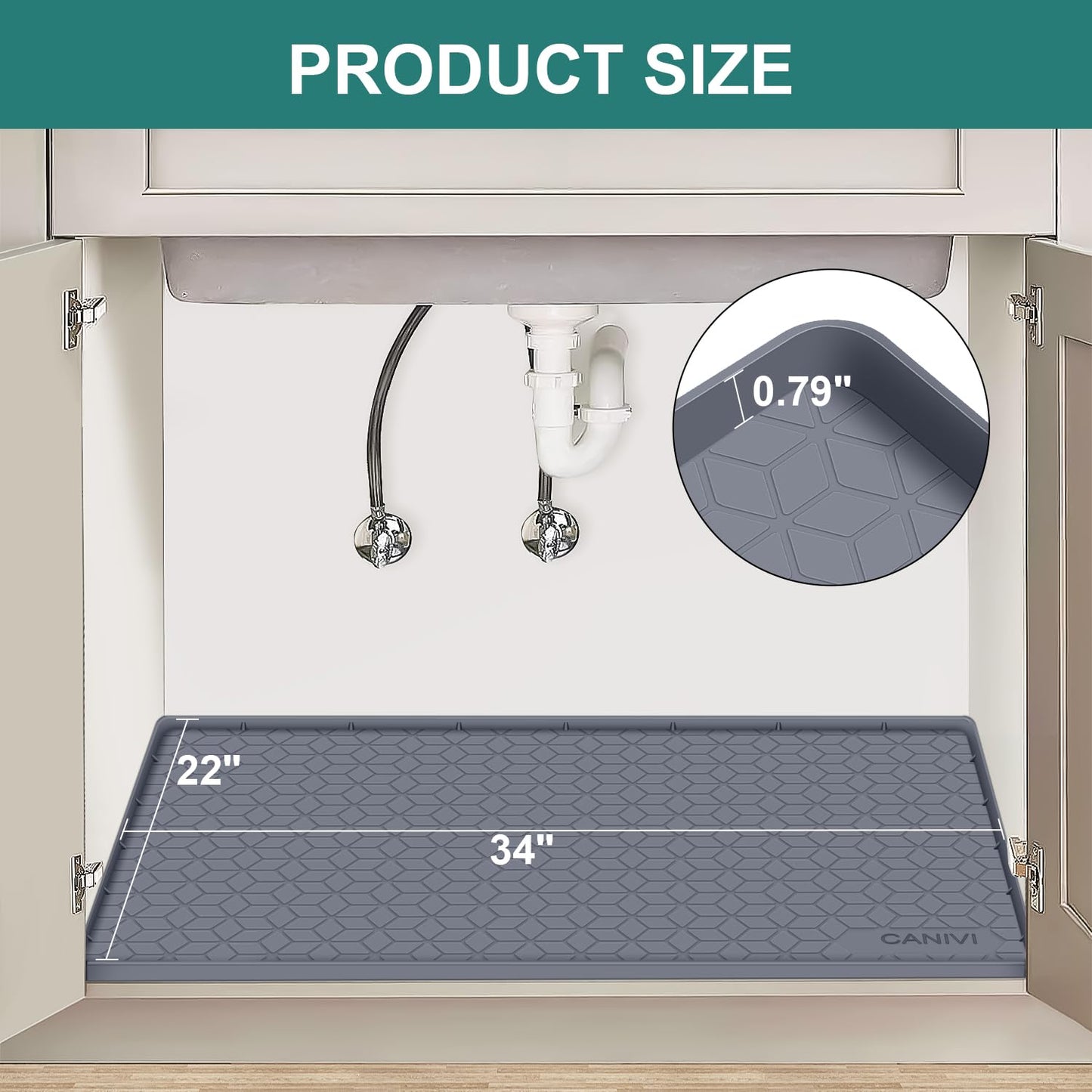 CANIVI Under Sink Mat, 34" x 22" Waterproof Silicone Under Sink Tray for Kitchen & Laundry Cabinets, Kitchen Cabinet Shelf Protector, Up to 3.3 Gallons Liquid, Fits 36 inch Standard Cabinet(Grey)